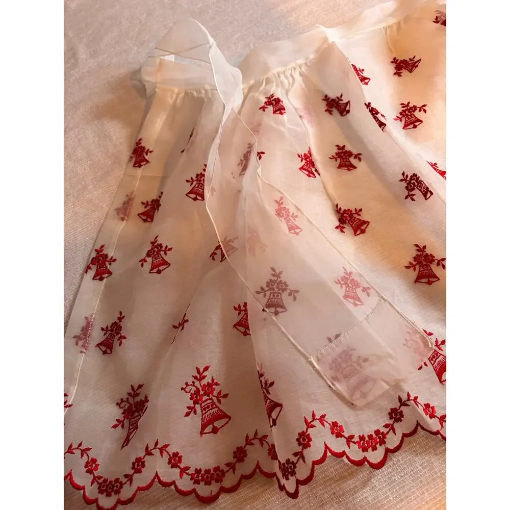 Vintage Christmas 1950s White Red Hostess Half Apron Sheer Housewife ScallopCUTE